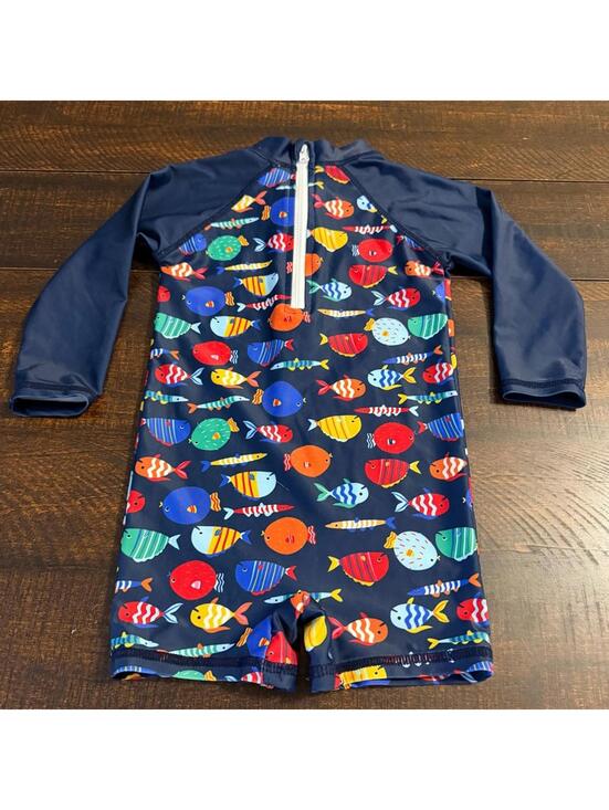 Unbranded Blue Fish Print Toddler Rash Guard Swimsuit Romper Size 6-12M Sun Suit - Picture 2 of 6